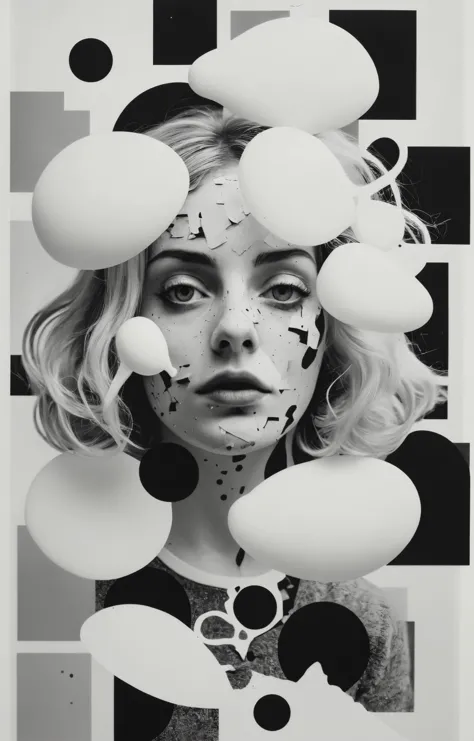 a black and white photo of a woman with a lot of balloons