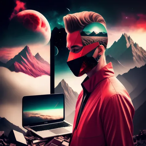 photo, FractalGeo style an image of a computer screen with a mountain scene, (man:1) in red trendy clothing wearing mask and pompadour, Wreckage in background, Nighttime Sky <lora:djzJohnsonDesu-ZenkaiV21-256:1> (collage:1) <lora:surrealCollageLora_v10:0.6>