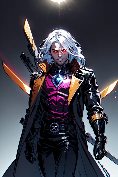 Gambit, Le Diablo Blanc,  long hair, looking at viewer colored skin, black skin,gloves, jacket, weapon, white hair, open clothes...