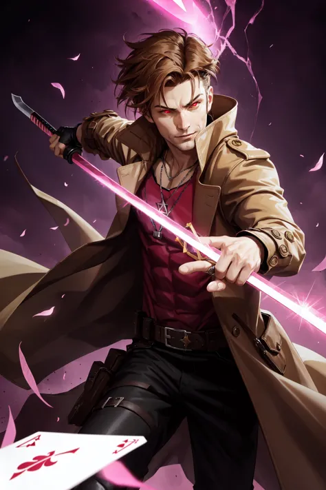 Gambit, Le Diablo Blanc, Remy Lebeau,  holding, jewelry, weapon, sword, signature, necklace, holding weapon, coat, glowing, glow...