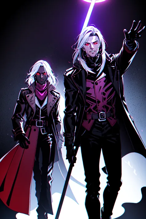 Gambit, Le Diablo Blanc,  long hair, looking at viewer colored skin, black skin,gloves, jacket, weapon, white hair, open clothes...