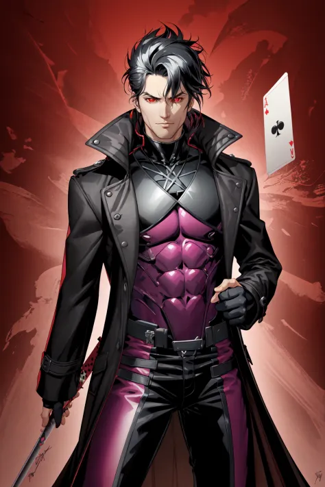 Gambit, Le Diablo Blanc, Remy Lebeau, looking at viewer, black hair, holding, weapon, open clothes, sword, artist name, signature, holding weapon, coat, muscular, holding sword, abs, open coat, black coat, card, long coat, playing card, trench coat, pompadour<lora:GambitVwhatever:0.8>