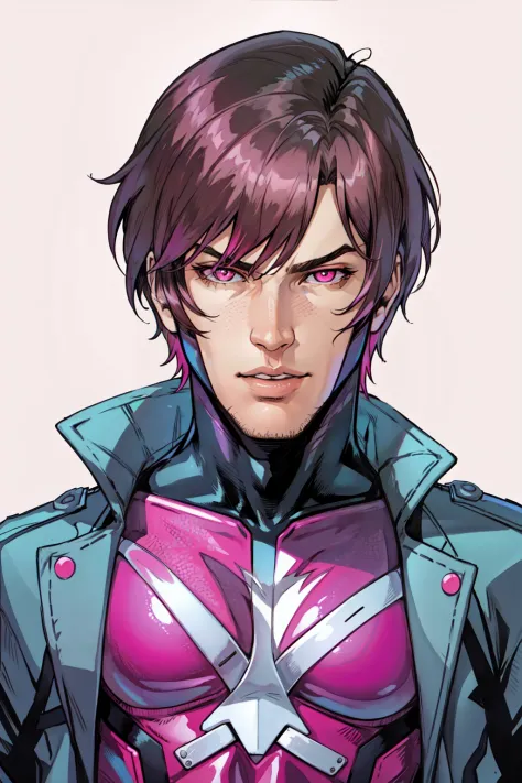 Gambit, Le Diablo Blanc, Remy Lebeau, short hair, bangs, simple background, jacket, upper body, parted lips, bodysuit, looking down, pink background, portrait, animification