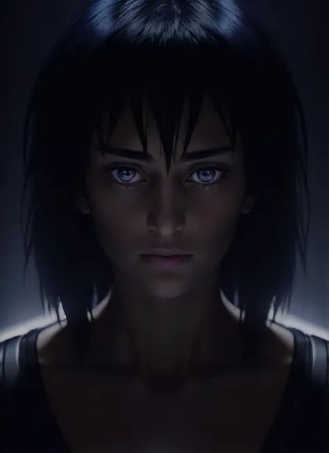 a woman with dark hair and blue eyes in a dark room