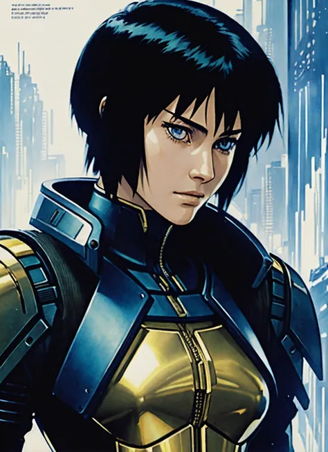 a close up of a woman in a futuristic suit with a city in the background