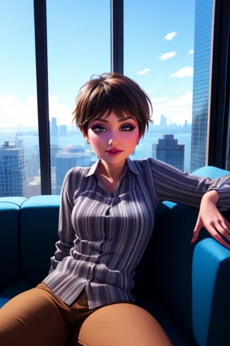 Evelyn,short brown hair, makeup, eyes half open, upper body, looking at viewer, lounging, pants, vertical-striped shirt ,jewelry, couch, in tall building, skyscraper, window, clouds, nighttime, drinking glass, (insanely detailed, beautiful detailed face, m...