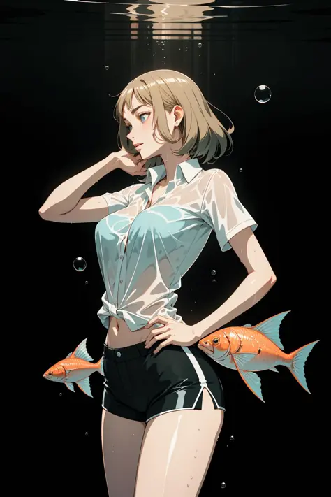 underwater, coral, light shafts, god rays, fish, bubbles, shirt, wet shirt, shorts, short shorts, swimming, floating, falling, colored pencil, clean simple line art of a ((stunningly attractive)), ((pure delicate innocent)), dreamy,Fantasy, Highly detailed...