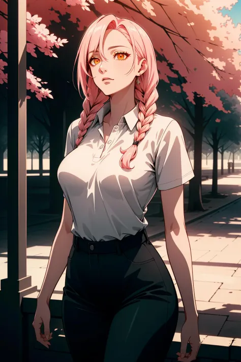 shirt, pants, outdoors, trees, sunshine, shade of tree, polo shirt,, (mature female, milf, mother, perfect jawline, middle aged, 30yr old), highres, best quality, master's work, cinematic lighting, official art, (masterpiece, 8k wallpaper, deep eyes, detai...