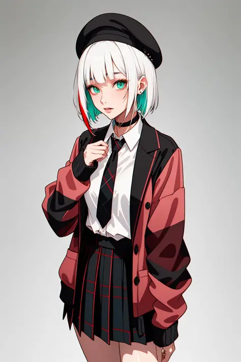 best quality, masterpiece, 1girl, solo, <lora:waccaLily-000100:0.9>, red gradient streaked hair, short hair, white hair, lily (wacca), black beret, plaid skirt, choker, cyan sweater jacket, collared shirt, black plaid necktie, sleeves past fingers, blunt b...