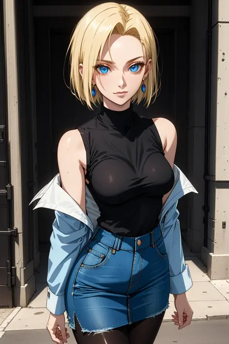 best quality, highres, and18, 1girl, android 18, solo, blonde hair, blue eyes, short hair, earrings, jewelry, denim vest, open vest, black pantyhose, black shirt, denim skirt, striped long sleeves, blue skirt, medium breasts, <lora:android_18_v110:0.5>, co...