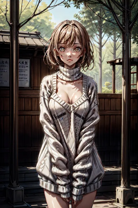upper body, standing, 1girl, mature female, short brown hair, bangs, detailed pupils, (small breasts), outdoors, nature, colorful, vivid colors, absurdres, aesthetic, oversized_sweater, (oversized sweater:1.2) <lora:oversized_sweater:0.5> <lora:more_detail...