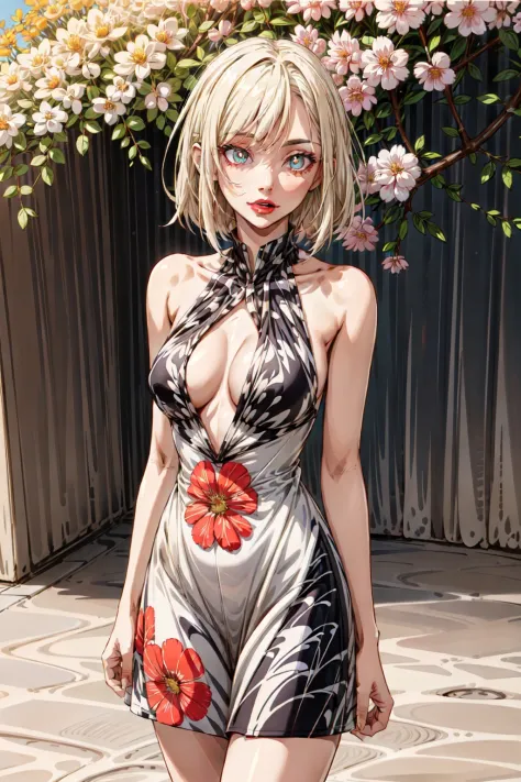 upper body shot, 1girl, mature female, short Platinum Blonde hair, bangs, detailed pupils, (medium breasts), wearing flowers dress, red lipstick, outdoors, nature, colorful, vivid colors, masterpiece, absurdres, <lora:add_detail:1> <lora:cocktail_dress:0.4...