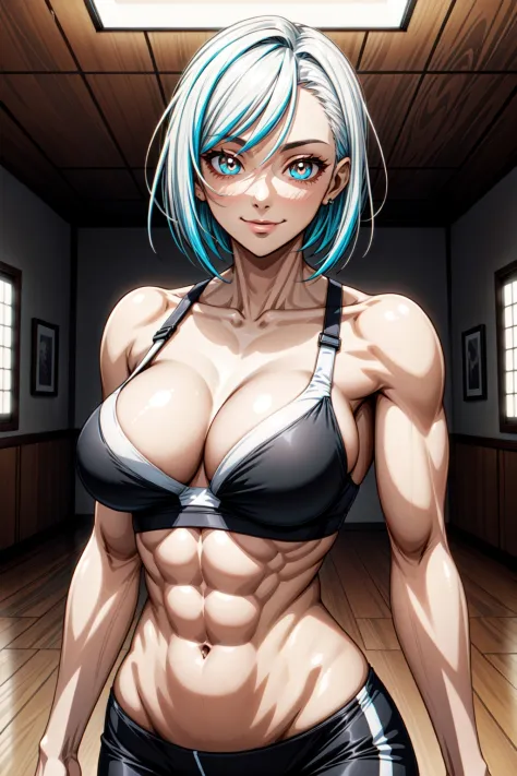upper body shot, mature female, short hair, white sport bra, abs, navel, detailed pupils, (huge breasts), light smile, indoors, colorful, vivid colors, masterpiece, absurdres, aesthetic <lora:add_detail:1> <lora:Muscle:0.9> Muscular