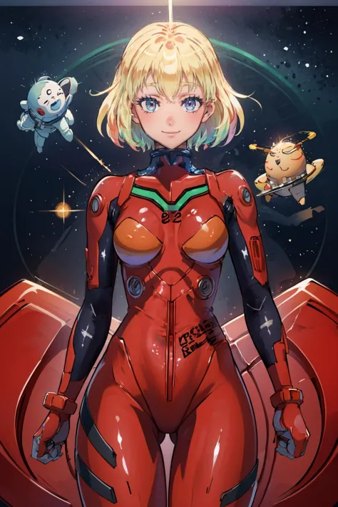 masterpiece, best quality,   edgplugsuit, wearing edgPlugsuit ,red bodysuit, skin tight,  diamond, multicolored hair, multicolored eyes, smile, outer space