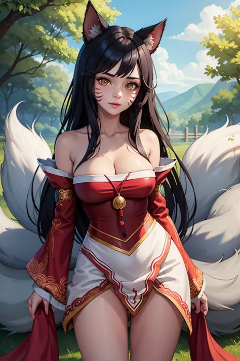 masterpiece, best quality, highres, ah1, facial mark, multiple tails, fox tails, korean clothes, cleavage, bare shoulders, detac...