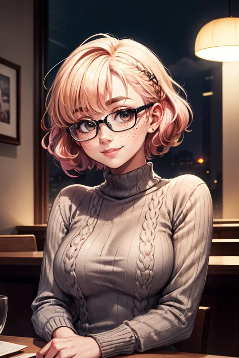 highres, masterpiece, perfect lighting,
bloom, night, dark, cinematic lighting,
adult, female, portrait, upper body,
sitting in a restaurant
grey cableknit sweater
hazel eyes, thick eyebrows, freckles, bangs,
blonde hair:pink hair, pixie cut, curly hair, shy smile,
nerdy glasses
 <lora:add_detail:1>