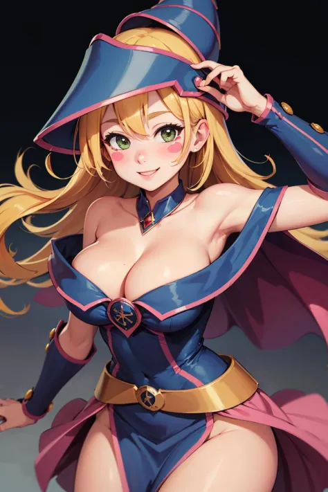 ((masterpiece,best quality)), absurdres, <lora:dark_magician_girl_v1:0.6>, hmdmg1, wizard hat, blush, blush stickers, cleavage, bare shoulders, dress, off shoulder, solo, smiling, looking at viewer, cowboy shot, cinematic composition, dynamic pose