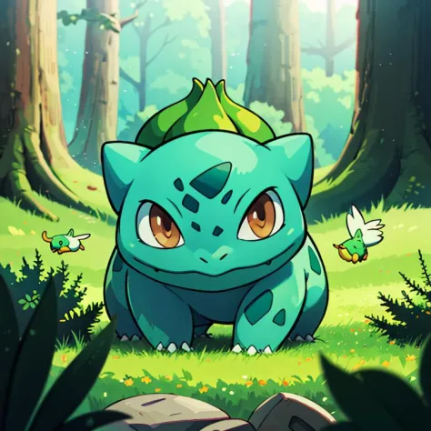 centered, award winning photo, (looking at viewer:1.2), |  Bulbasaur_Pokemon, |forest, big trees | bokeh, depth of field, cinema...