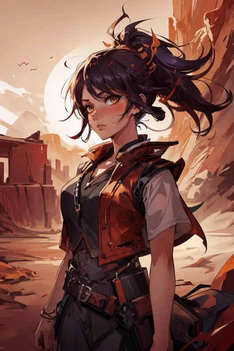 maximum details, cinematic, (abstract art:1.1),  stylized, deep shadow, 1 girl, adult  woman,  coral eyes, yellow prom hairstyle, 
  looking down, focus on character, solo, upper body, detailed face, (SamuraiPunkAI theme:1.1), sheriff,  pocket-watch,  vest,  walking, gritty expression, 19th century wild west, american frontier, wild west era red  canyon in background, tumbleweed, dusk, cinematic atmosphere, wind blowing,
volumetric lighting, backlight,