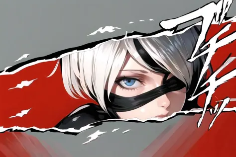 Highly detailed, High Quality, Masterpiece, beautiful, 1girl, solo, n_2b, blindfold, black blindfold, large breasts, <lora:Char_Nier_2B:0.8>, Persona Cut In, <lora:Style_PersonaCutIn:1>