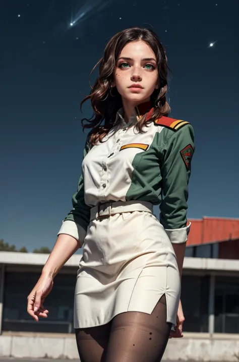 a woman in a military uniform is walking in the street