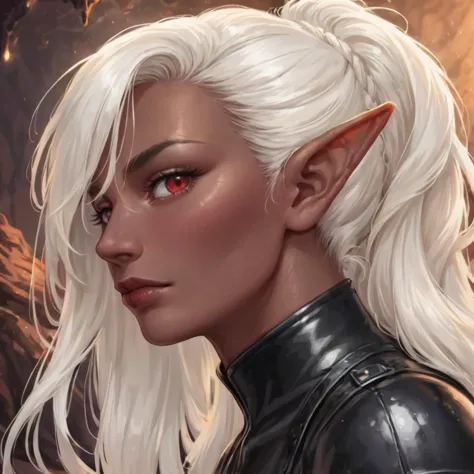 a close up of a woman with white hair and red eyes