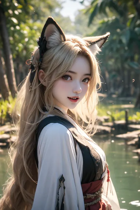 a close up of a woman with long hair wearing a costume