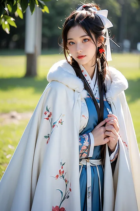 face lighting,bright backlight,(medium breasts:1.2),super high resolution,best quality,Photos,4k,(Realistic:1.2),Zero,1girl,white hair,(very long hair:1.1),blue eyes,hair bow,cowboy_shot,<lora:Winter_Hanfu:0.6>,hanfu,winter hanfu,Cloak,