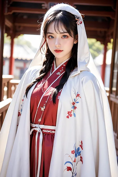 a close up of a woman in a white robe and red dress