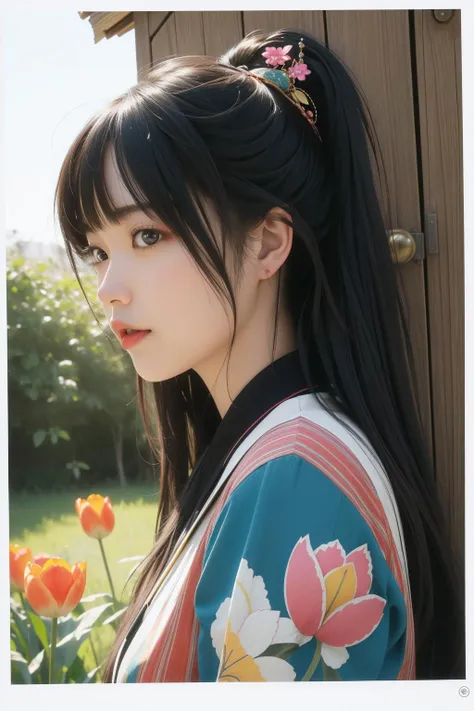 a close up of a woman with long hair wearing a colorful kimono