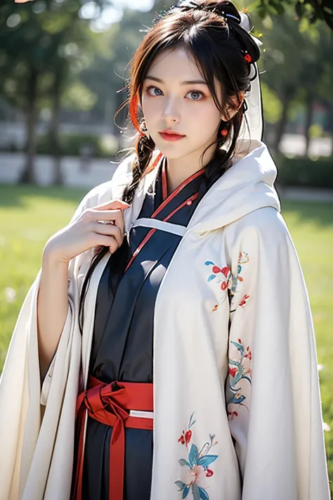 face lighting,bright backlight,(medium breasts:1.2),super high resolution,best quality,Photos,4k,(Realistic:1.2),Zero,1girl,white hair,(very long hair:1.1),blue eyes,hair bow,cowboy_shot,<lora:Winter_Hanfu:0.6>,hanfu,winter hanfu,Cloak,