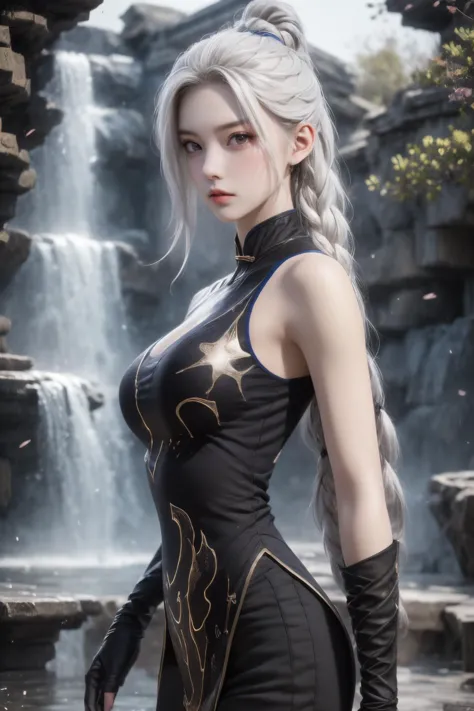 <lora:jibaobao-9:0.7>,super high resolution,best quality,Photos,4k,(Realistic:1.2),jibaobao,1girl,fountain,white hair,straight_hair,long hair,cowboy_shot,sleeveless dress,front,