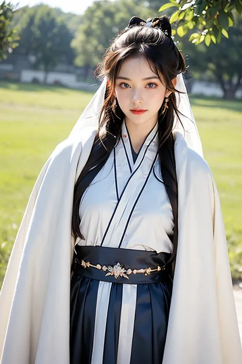 face lighting,bright backlight,(medium breasts:1.2),super high resolution,best quality,Photos,4k,(Realistic:1.2),Zero,1girl,white hair,(very long hair:1.1),blue eyes,hair bow,cowboy_shot,<lora:Winter_Hanfu:0.6>,hanfu,winter hanfu,Cloak,