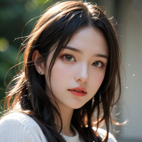 a close up of a woman with long hair and a sweater