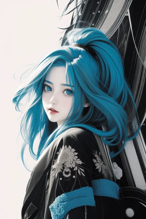 a close up of a person with blue hair and a backpack