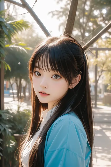 a woman with long hair and a blue shirt posing for a picture