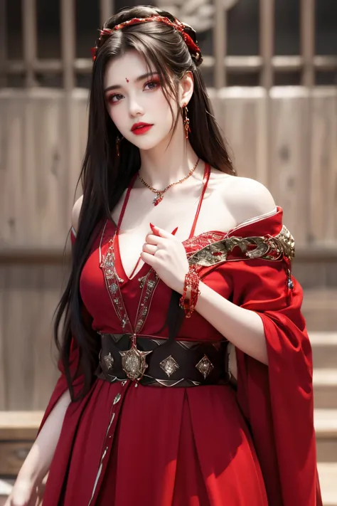 ,best quality,masterpiece,highres,official art,extremely detailed cg unity 8k wallpaper,jiapliqiao,1girl,long hair,1girl,jewelry,solo,earrings,red lips,hair ornament,makeup,realistic,red dress,necklace,(full_shot:1.3),<lora:jiapliqiao:0.8>