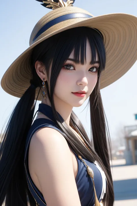 a close up of a woman wearing a hat and a dress