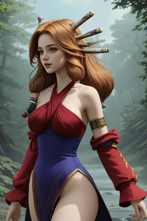 masterpiece, best quality, <lora:lomimu-nvwls-v1:0.9> lomImu, hair ornament, halterneck, criss-cross halter, dress, detached sleeves, upper body, :D, looking at viewer, large breasts, forest, sky