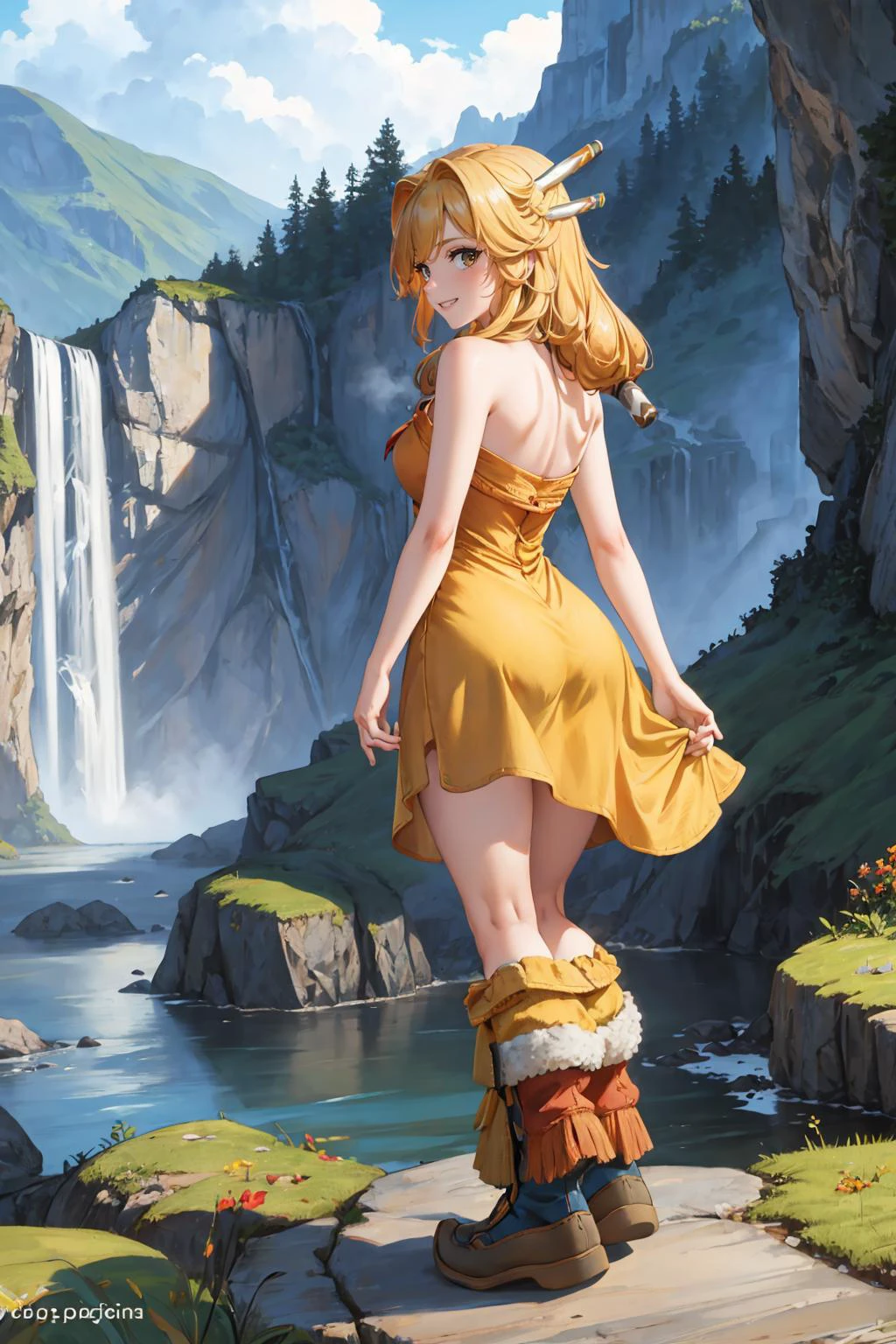masterpiece, best quality,  lomImu, hair ornament, (yellow sundress:1.3), from behind, boots, garden, cliffs, waterfall, looking at viewer, grin