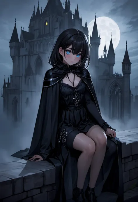 glowing eyes, extra eyes, horror \(theme\), 1girl, black cape, sitting at edge of a gothic castle, gothic architecture, roof of ...