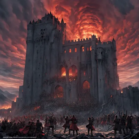 a destroyed castle, an army cheering for their victory, Berserk style, style of Kentaro Miura, monochromatic, manga, red sky, very grimy, very gloomy, extreme detailed, highest detailed, storm in the sky, fire around, mountains in the background, towers in ruin, steampunk