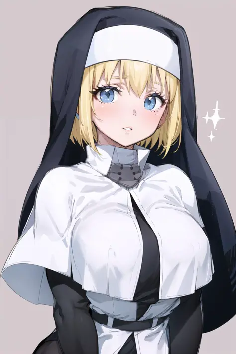 upper body, iris, 1girl, solo, nun, habit, white capelet, breasts, black shirt, parted lips, blonde hair, blue eyes, looking at viewer, <lora:iris-06:0.8>, two-tone background
