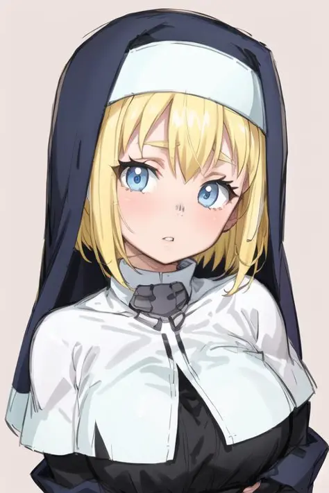 (portrait), iris, 1girl, solo, nun, habit, breasts, black shirt, white capelet, long sleeves, parted lips, blonde hair, blue eyes, looking at viewer, <lora:iris-06:0.8>, two-tone background