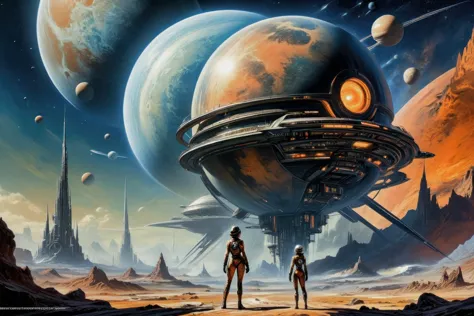 by Stephan Martiniere and Chiho Aoshima,.1950's pulp sci-fi female space cadet, giant gas planet background,.(professional poste...