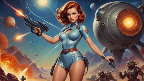 by David A. Hardy and Edward Blair Wilkins,.1950's pulp sci-fi female space cadet 1girl, defender of the galaxy, auburn hair, (s...