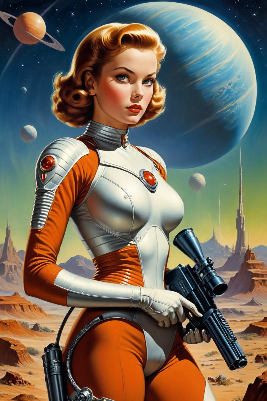 by Jim Burns, .1950's pulp sci-fi female space cadet, holding a ray gun rifle at ready, giant gas planet background,.(professional poster art, bold lines:1.4),.(pulp sci-fi,  beautiful, intricate details, masterpiece, best quality:1.4),.cinematic full body shot, dynamic pose,.pulp sci-fi poster art color palette,.dramatic and dynamic lighting,..