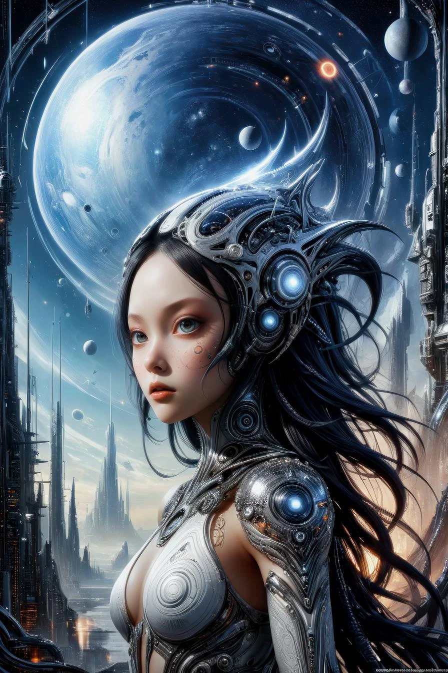 por Stephan Martiniere e Chiho Aoshima, motivo celestial, a missão de um viajante do tempo para salvar a humanidade , hiper detalhado, arte de pôster profissional, linhas em negrito, premiado, tendências no ArtStation , (Detalhes intrincados, Obra de arte, melhor qualidade:1.4), olhando para o espectador, pose dinâmica,  lora:pitorca_lora_pesos:0.7>.