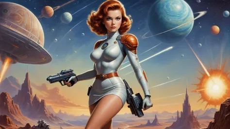 by David A. Hardy and Edward Blair Wilkins,.1950's pulp sci-fi female space cadet 1girl, defender of the galaxy, auburn hair, (s...