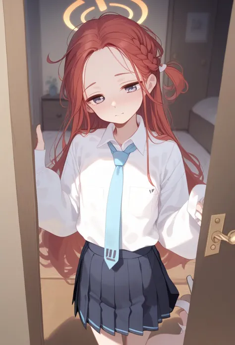 anime girl with red hair and blue tie standing in front of a door